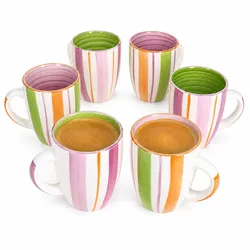 6er Set Tropicana Kaffeebecher 340ml Streifen Steingut Teetasse Kakao