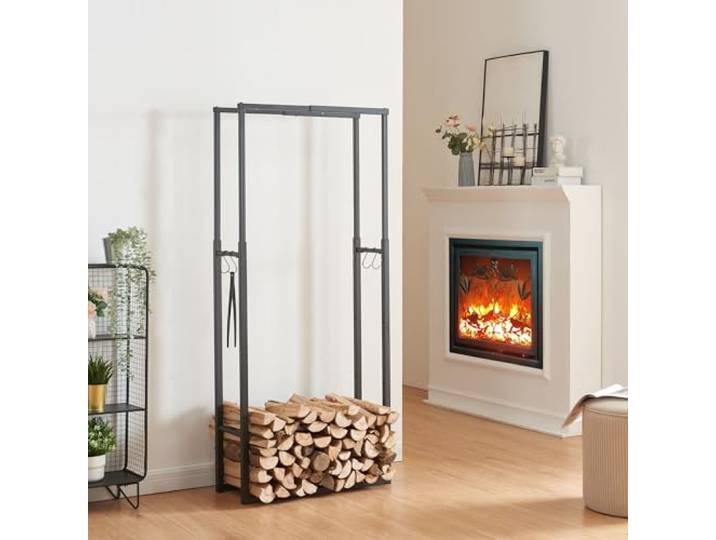 [en.casa] Kaminholzregal Kasan Verstellbarer Feuerholzständer Holzlager aus Stahl Brennholzregal Holzunterstand mit Haken für Werkzeuge Außen & Innen Schwarz H100-150xB60-100xT25cm
