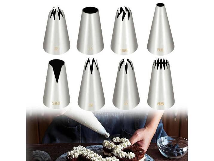 Spritztüllen 8-teiliges Set Edelstahl, Silberfarben, Metall, 2.5x2.5x4.3 cm, Backen & Backzubehör, Garnieren & Verzieren