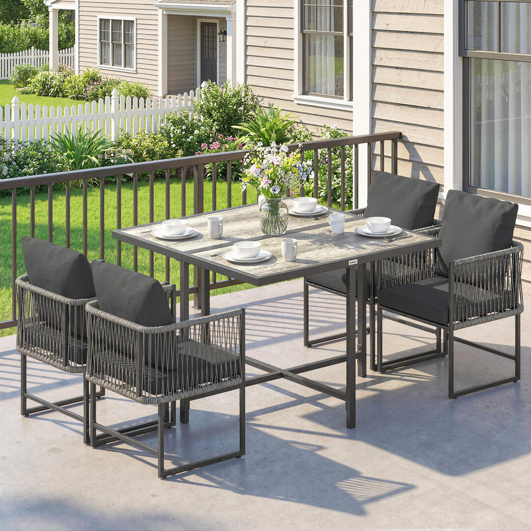 17 Stories Outsunny 4-Seater Garden Dining Set Space-Saving Chairs DPC Tabletop Black Grey 4