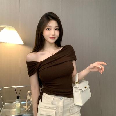 Daily Discovery Women's Off Shoulder Top Asymmetrical Wrap Side Tie Fitted Summer Blouse coffee xl