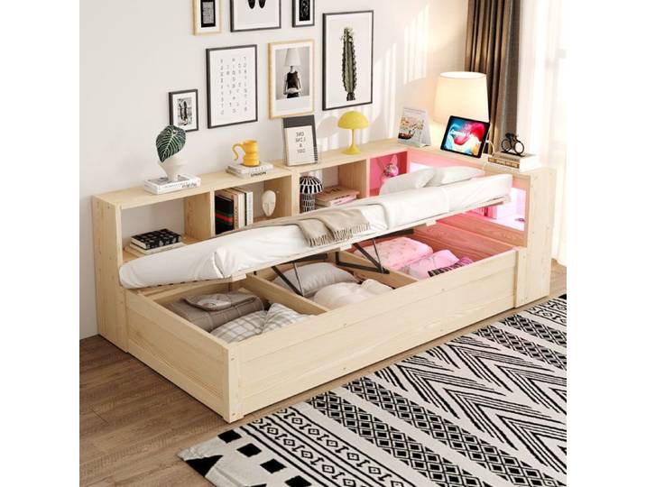 Lit coffre 90x200 avec rangement sous le lit capacité 120 kg pour chambre d'amis
