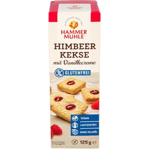 Hammermühle Kekse Himbeerkekse mit Vanillecreme, gluten-, laktosefrei & vegan, 125 g