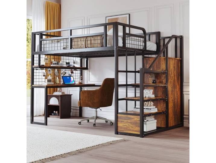 Lit mezzanine multifonction - MERAX - Multifonction - 140x200 cm - Escalier rangement - Bureau & penderie