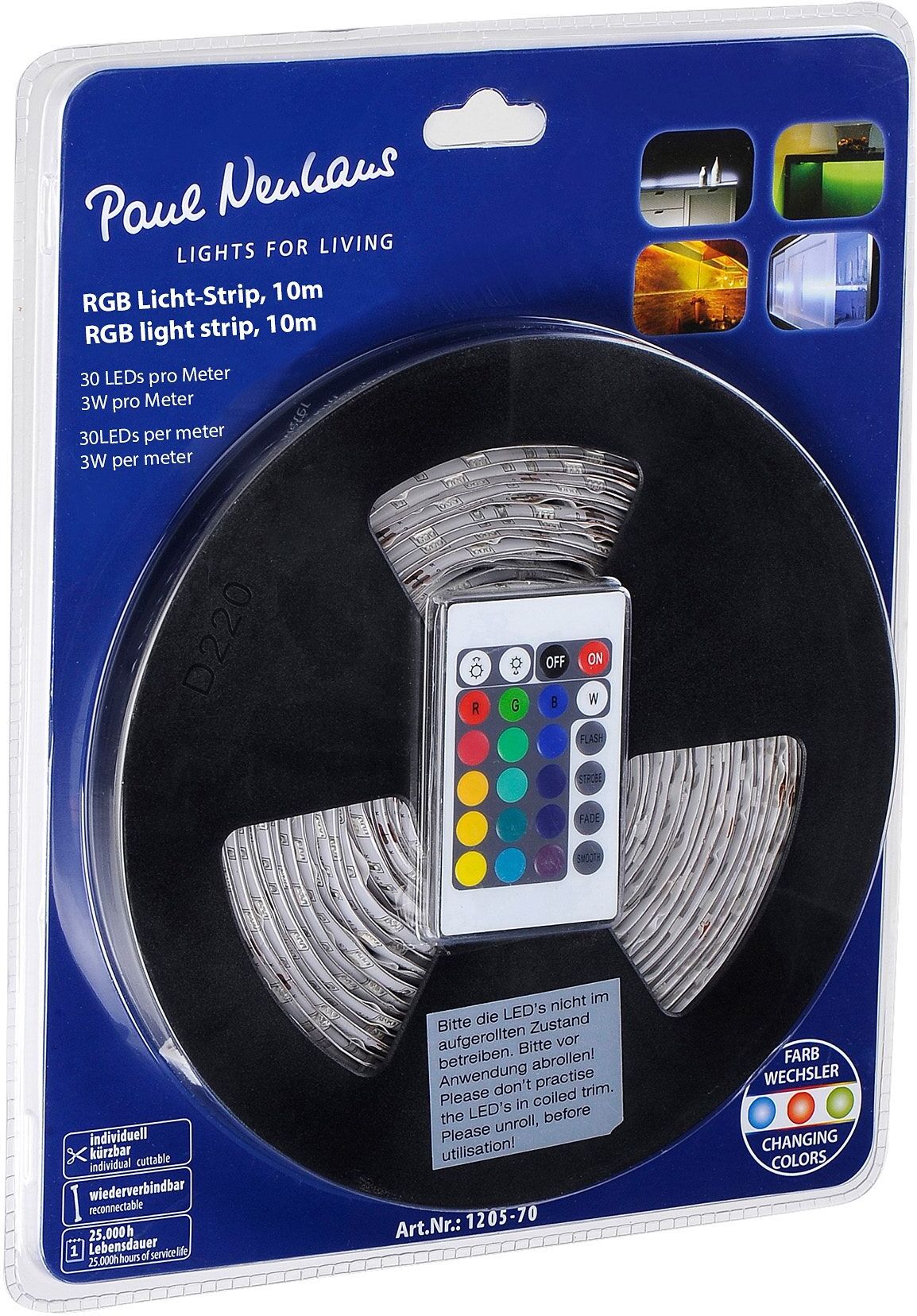 PAUL NEUHAUS LED-Streifen "TEANIA", bunt, Dioden 300 Stk. Flammen 300 Stk., Gesamtlänge 12,2m, Lichterketten, 10 Meter, LED-Streifen
