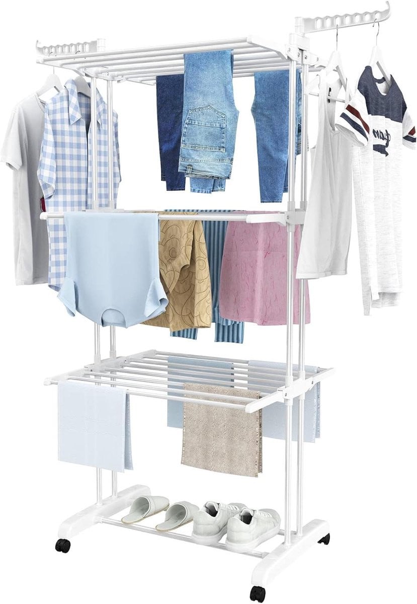 Inklapbaar en verrijdbaar wasrek voor kleding drogen, 172 cm hoog, zilver
