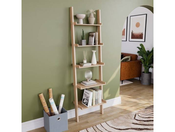 Bibliothèque échelle York à 5 niveaux en pin – Étagère inclinée moderne pour bureau ou salon