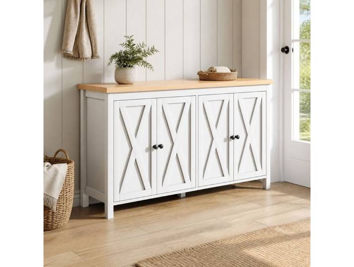 Buffet bas - ZEVKOR - Buffet et Enfilade 4 Portes - MDF blanc & bois clair - 2 étagères réglables - 140x40x78 cm