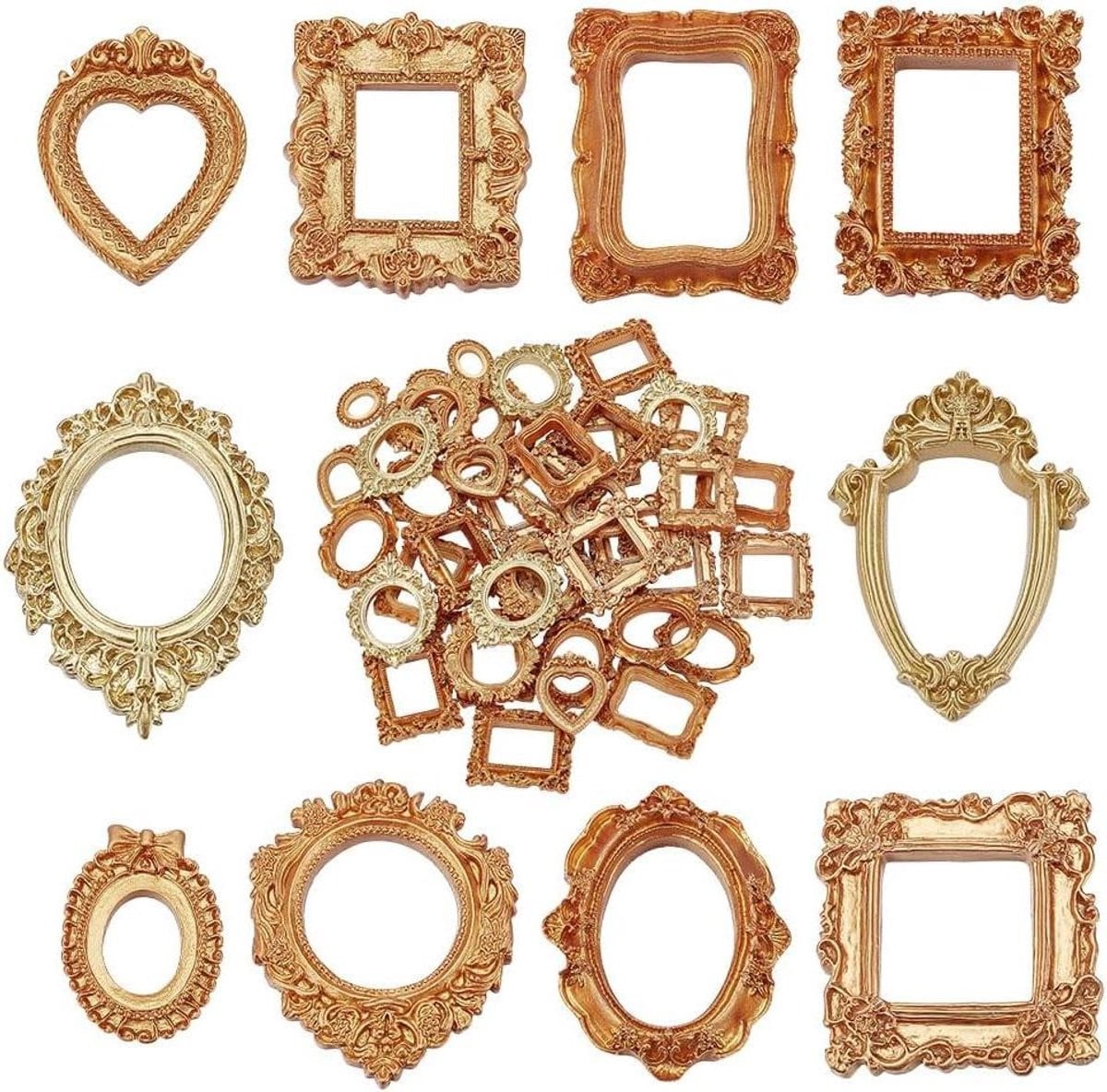 Set van 60 Miniatuur Fotolijstjes in 10 verschillende stijlen voor het presenteren van sieraden, Goudkleurig