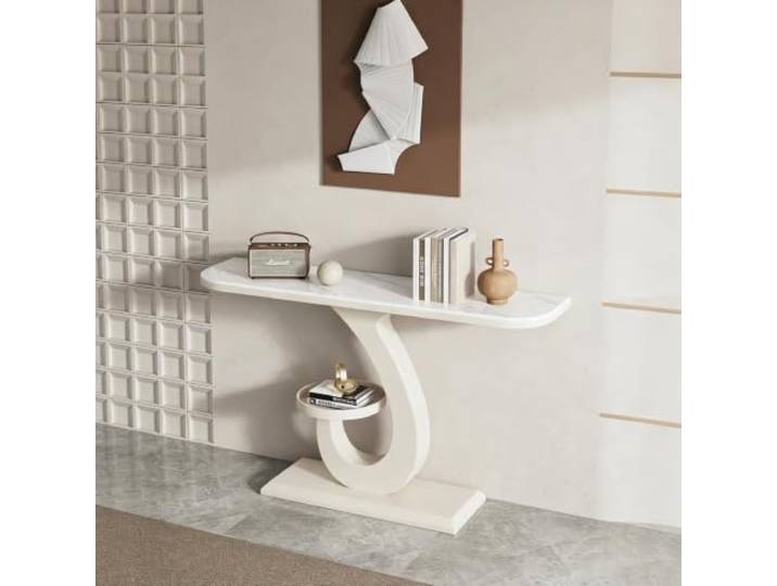LEUBDIBR Creme‑farbene Sinterstein‑Konsolentisch, Halbmond‑Eingangstisch Sintersteinplatte, Halbmond‑Design, robuster Metallrahmen, moderner Stil(White+White,150cm/59.1 )
