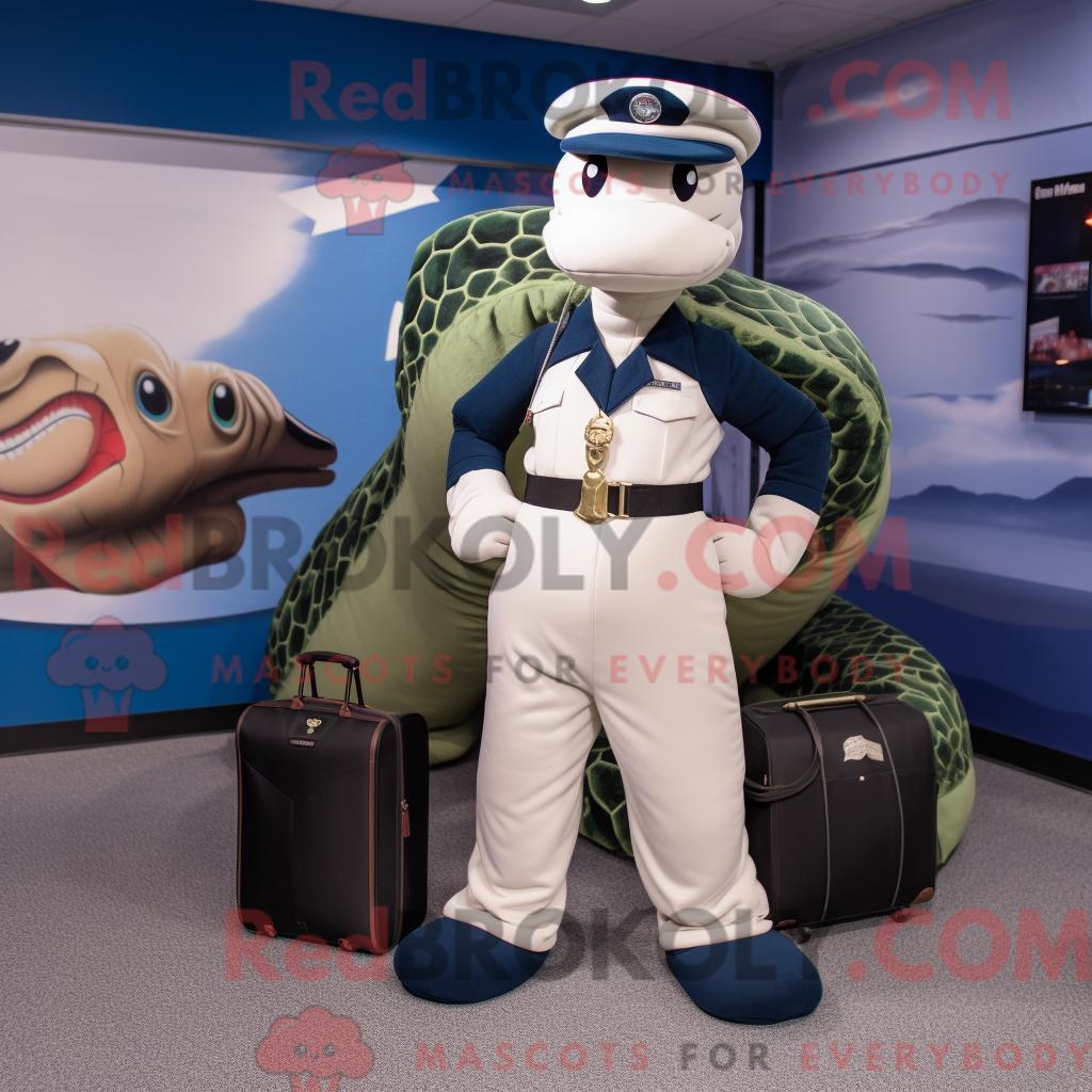 Maskottchen REDBROKOLY einer Marine-Anaconda mit Anzughose und Aktentasche