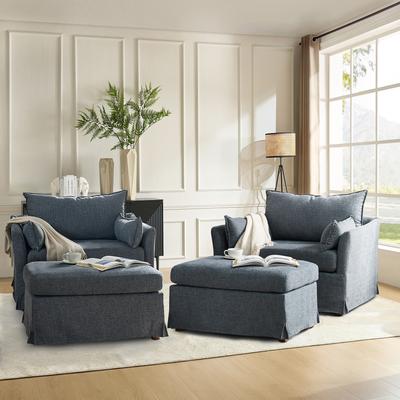 HULALA HOME Sophie Modern Oversized Slipcovered Armchair with Ottoman and Lockable Rear Wheels Set of 2