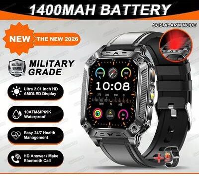 Uplift Essentials "TANK Ultra Military Smart Watch 1400mAh Battery & 2.01"" AMOLED 10ATM Waterproof GPS Tactical SmartWatch black Leather"