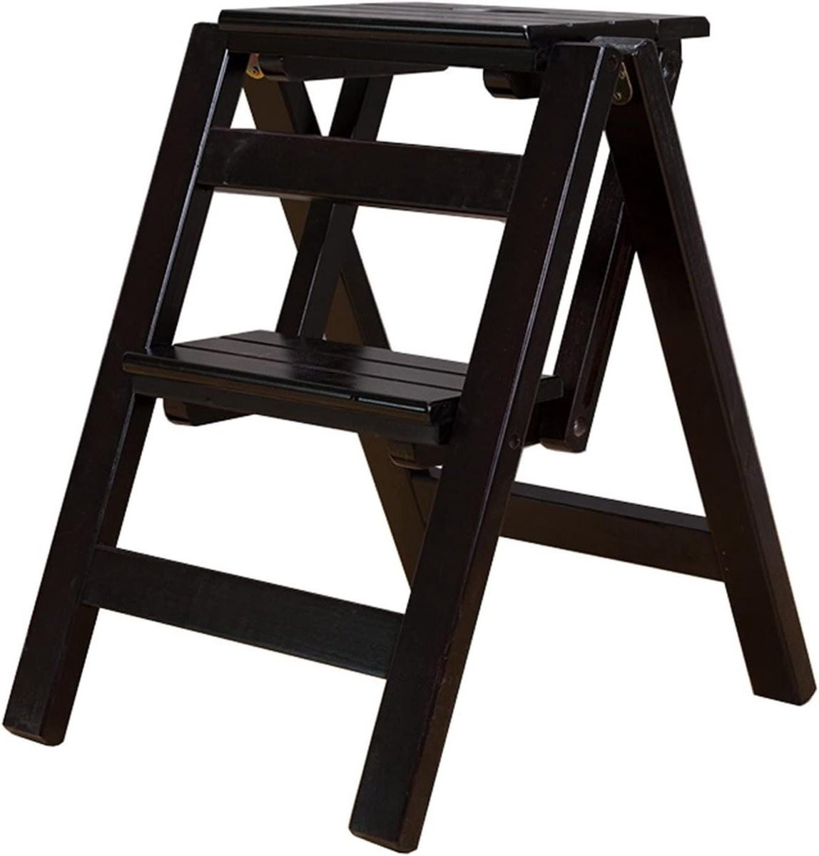 Opvouwbare houten ladderkruk met 2 treden in houtkleur
