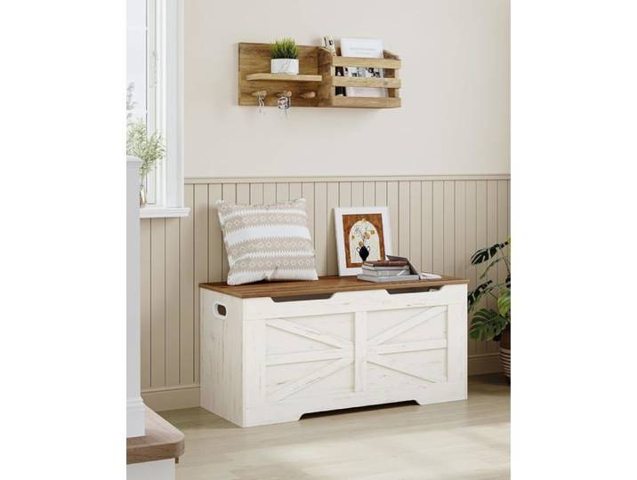 Banc de Rangement Coffre pour Couvertures à Chaussures 100 cm Coffre de Rangement avec 2 Charnières de Sécurité Blanc Marron