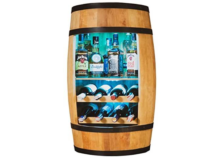CREATIVE COOPER Weinregal - Weinschrank Mini Bar - Alkohol Schrank mit LED - Weinfass - Fass bar - Weinbar - Fassbar - Barschrank - 80cm hoch - Retro deko Bar Regal - Hausbar Theke - Fassmöbel Eiche