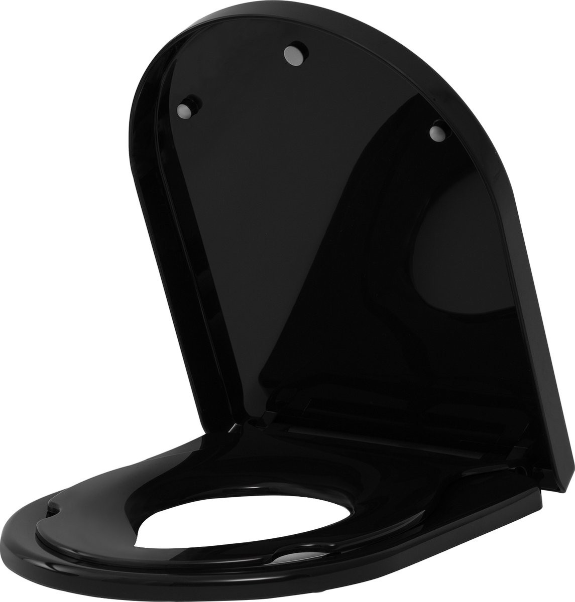Zwarte O-vormige toiletbril met soft-close sluiting en ingebouwde zittingverkleiner