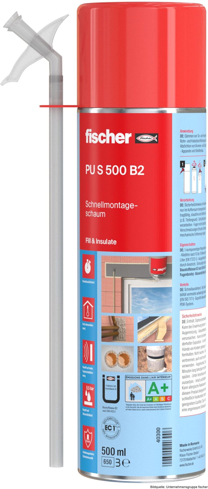 fischerwerke fischer Schnellmontageschaum PU S, B2-Qualität, 500 ml