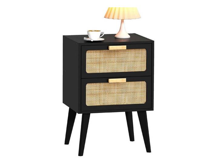 LuxusKollektion Nachttisch Nachttisch Rattan Holz 2 Schubladen Boho Handmade Rattan-schwarz