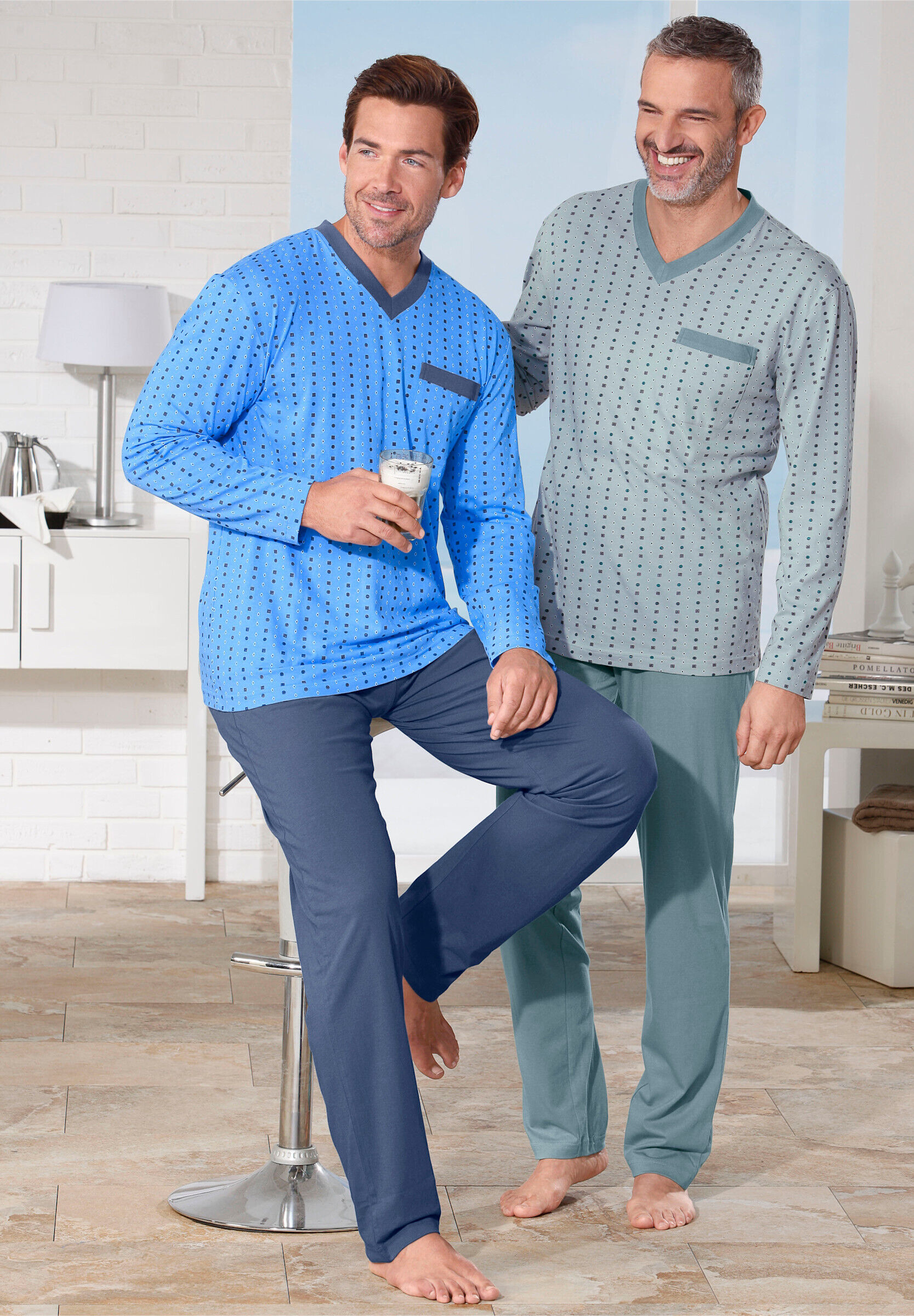 Schlafanzug WITT "Schlafanzüge Schlafanzüge 2 Stück", Herren, Gr. 48, mint, blau, V-Ausschnitt, Homewear-Sets Schlafanzug