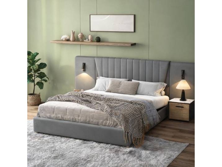 Sommier tapissier double 180x200 cm avec dossier extra-long et lampe de lecture orientable velours gris cool