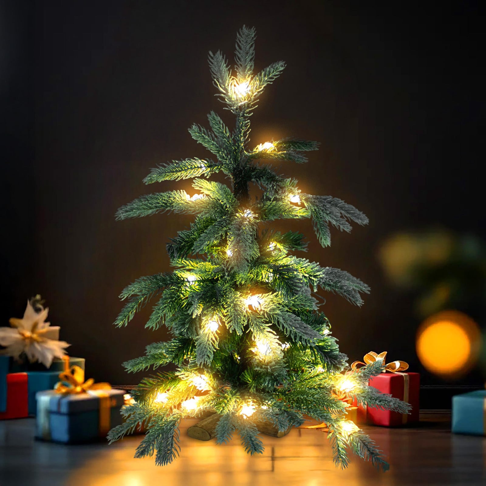 Spetebo Kunstkerstboom met sneeuw en warm witte verlichting, 8 functies, 60 cm