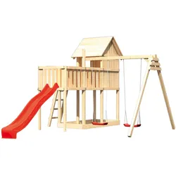 Akubi Kinderspielturm Frieda mit Anbau, Rutsche und Doppelschaukelanbau (Set B)-rot