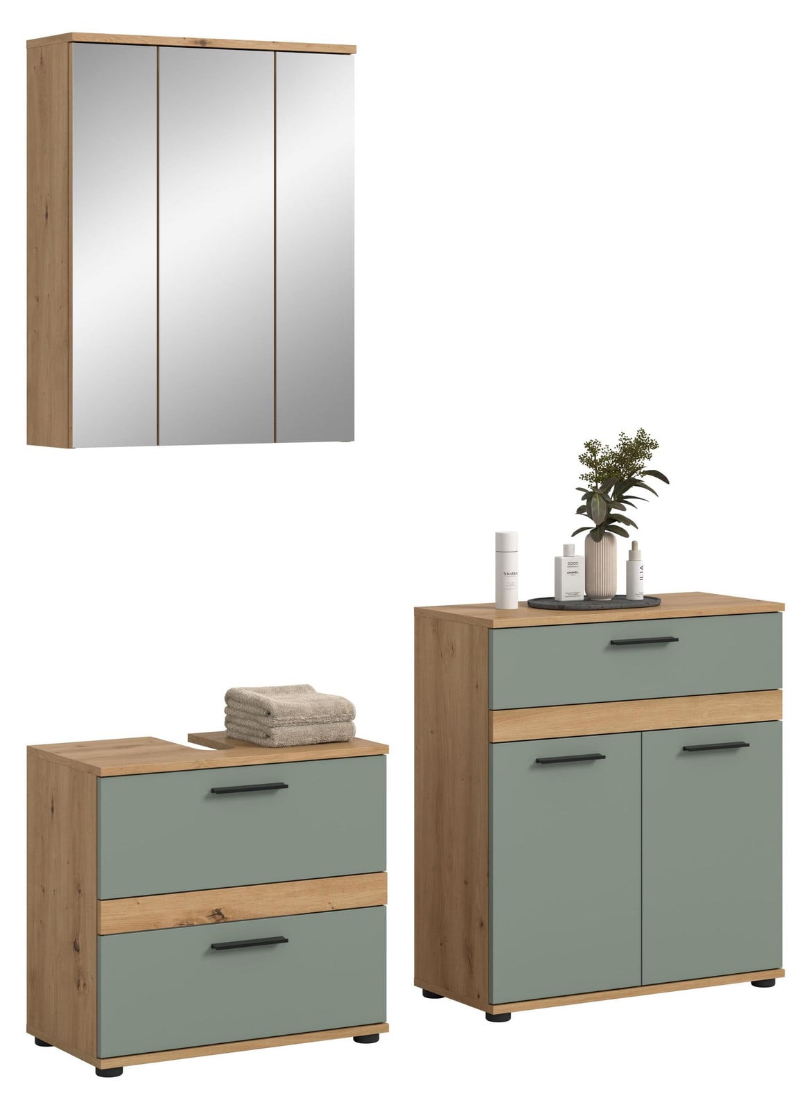 Xonox Blake badkamercombinatie in saliegroen met houtmotief B/H/D: 145 x 191 x 34 cm