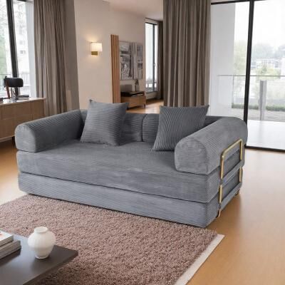 "74.8"" Faux Fur 3-Seater Foldable Sofa Bed with Memory Foam and 2 Pillows"