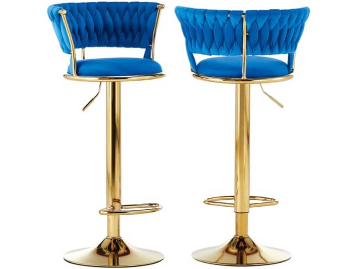 BAKAJI Set mit 2 Küchenhockern mit Samtbezug und geflochtener Rückenlehne und Verstellbarer Höhe, Barstühle, Restaurant, drehbarer Rahmen aus Gold mit Fußstütze, modernes Design (Blau)