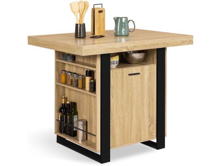 IDMarket Îlot central PHOENIX 110x80x90 cm bois et noir avec rangements et plan de travail