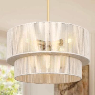 Zjvaive 19.68-In 5-Light Drum Chandelier Hand Woven Cotton Yarn Boho Pendant Light for Kitchen Island Dining Room