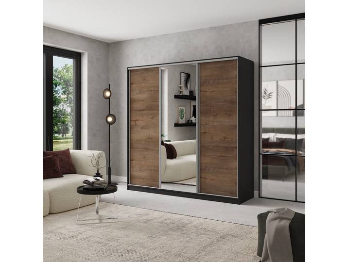 Masseno Schiebetürenschrank SORE 200/205/58cm 3-türig mit Spiegel Schwarz