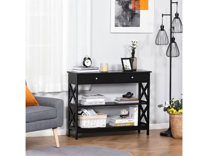 HOMCOM Console Néo-Rétro Noire 2 Tiroirs 2 Étagères