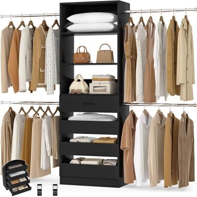 Rackcog Modular Closet System Wardrobe Organizer 4 Adjustable Hanging Rods and 4 Wooden Drawers, Space-Saving for 4-9Ft Closets