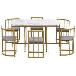 MODFU Essgruppe Esstisch mit 6 Stühlen 140x80x75 cm Weiß+Gold mit Rückenlehnen und grauen Velours Polstern MDF Tischplatte modernes Design