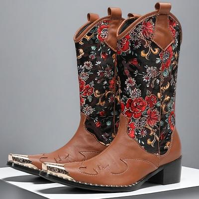 braun-schwarze Cowboystiefel mit Blumenstickerei für Herren – Vintage-Westernstiefel für Country-Shows, Modestatements und kulturelle Veranstaltungen