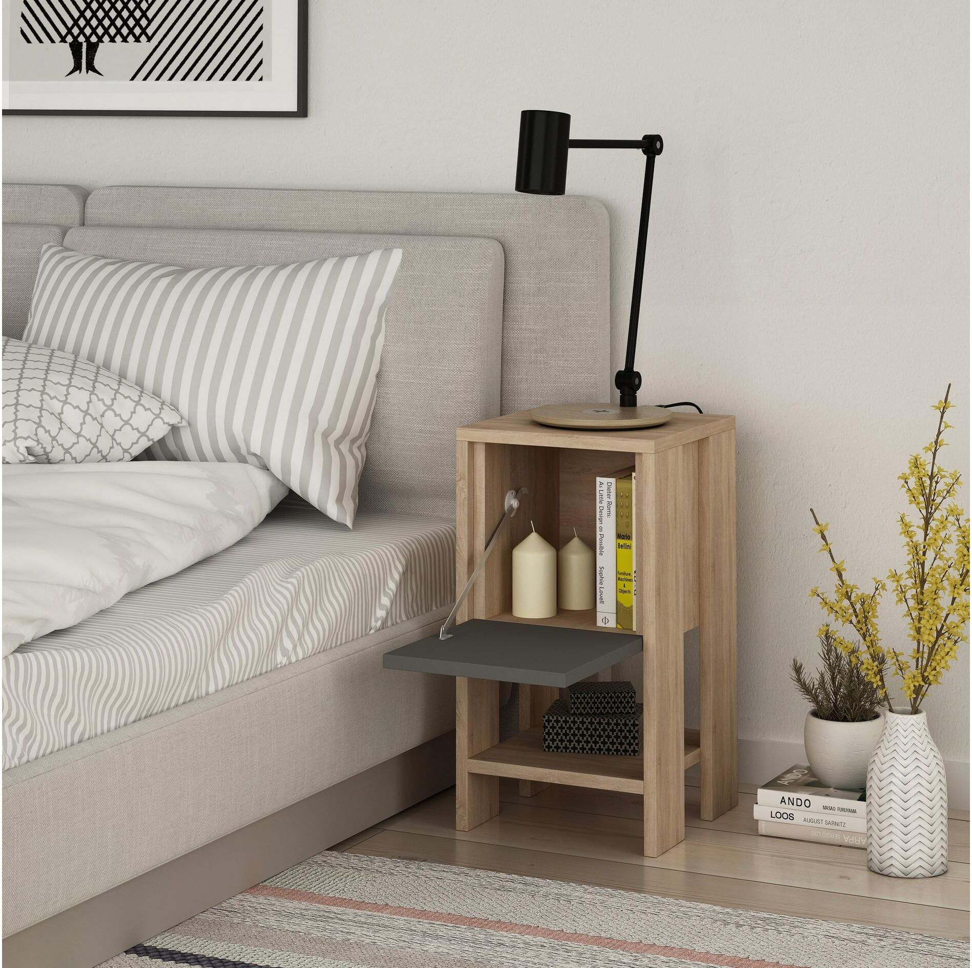 Nachttisch WOODY FASHION "Ema 30 x 55 x 30 cm, Anthrazit/Nature", bunt (anthrazit, beige), B:30cm H:55cm T:30cm, Tische, Nachttisch anthrazit, beige B/H/T: 30cm x 55cm x 30cm