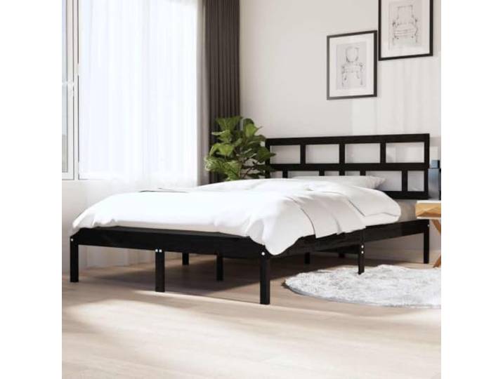 RJPLMFV Doppelbettgestell, Schwarz, Massivholz, 135 x 190 cm Ohne Matratze, natürliches Kiefernholz, bequemes Kopfteil, robuste Latten