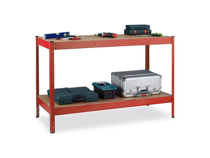 Relaxdays Werkbank Rot Natur 2 Ebenen Stahl MDF 91x141x61 cm, Mehrfarbig, Metall, Holzwerkstoff, 141x91x61 cm, Freizeit & Co, Heimwerken