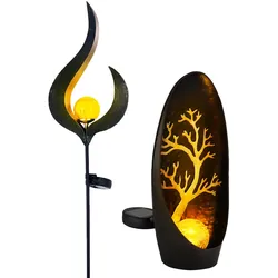 Solarleuchte Dekolampe Außenleuchte Solar Stecklampe Gartenlampe Solar, Metall Glas, 1x Flamme, 1x Baummuster, LED Leuchtmittel, 2er Set