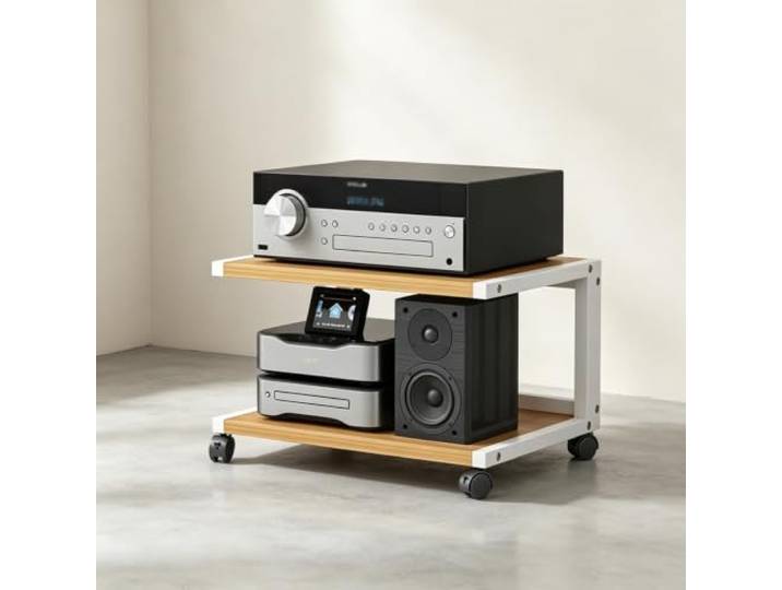 YHTCSXMD HiFi Rack mit Rollen, Offenes Audio Rack für Audiogeräte Dicke Holzablagen, Stahlrahmen und Rollen mit Fußbremse, für Wohnzimmer und Büro