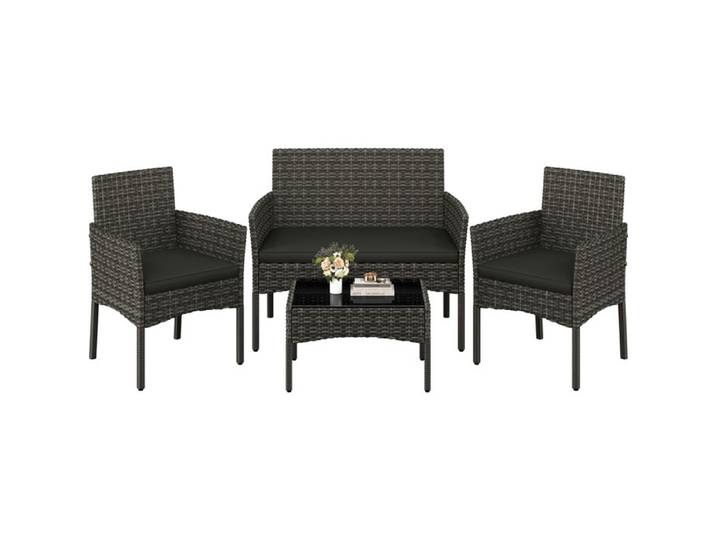 Salon de Jardin 4 Personnes en Polyrotin et Métal Ensemble Mobilier d'extérieur 4 Pièces avec Coussin Balcon Terrasse Gris