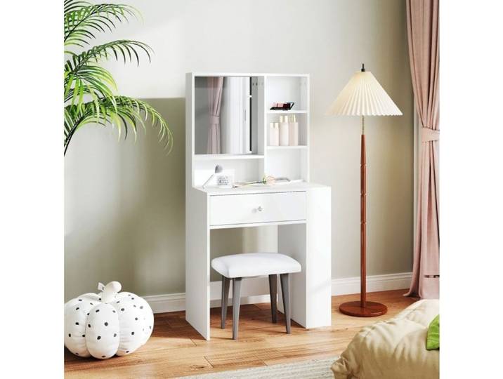 Coiffeuse avec miroir 1 tiroir étagère latérale 3 niveaux blanc 70 x 40 x 137 cm