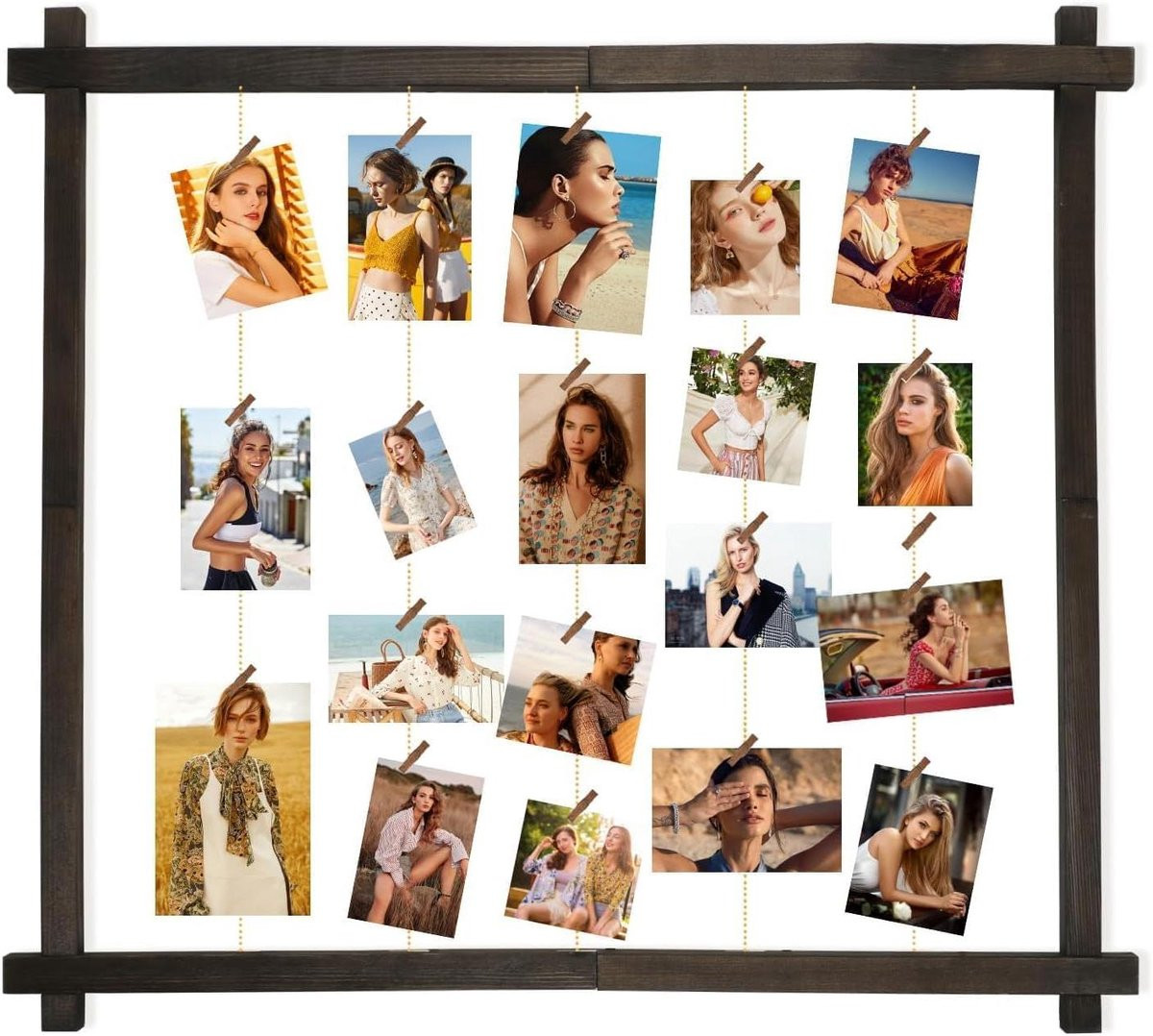 Houten Fotolijst Collage Wanddecoratie met Metalen Ketting - Donkerbruin