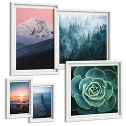 BILDER SET 5er Set - 50x50 cm & 20x30 cm & 40x60 cm Weißer Rahmen - Wasserfälle, Berge, Landschaften, Natur