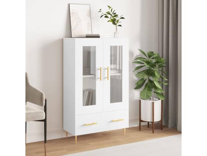 RJPLMFV Anrichte, hoch, weiß, 69,5 x 31 x 115 cm, aus Holz Füße aus Metall, Glastür, Aufbewahrung für Wohnzimmer, modernes Möbelstück
