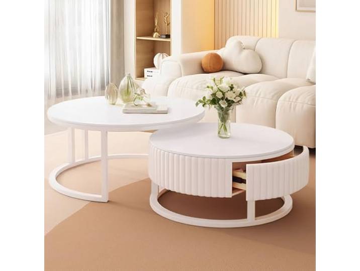 SeraphicCharm Couchtisch Rund Weiss 2er Set 50+70cm Runder Couchtisch Marmor Mit Stauraum Modern Wohnzimmertisch Weiß Mit Holz Schublade Tisch Wohnzimmer Ausziehbar Satztische Fürs Wohnzimmer