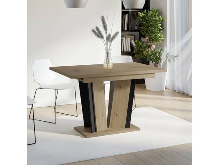 DORA2 Esstisch ausziehbar 120-160x80 cm Artisan Eiche Schwarz, Säulentisch Ausziehbarer Esszimmertisch 120 bis 160 cm für 4–6 Personen, V-Säulengestell, Artisan-Eiche-Holzoptik mit schwarzem Gestell