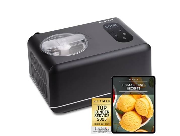 KLAMER 3-in-1 Eismaschine, Slush Maschine & Joghurtbereiter 1,5 L, 150 W Edelstahl-Eiscrememaschine mit Kühl-/Heizfunktion für hausgemachtes Speise- und Slusheis; selbstkühlender Kompressor